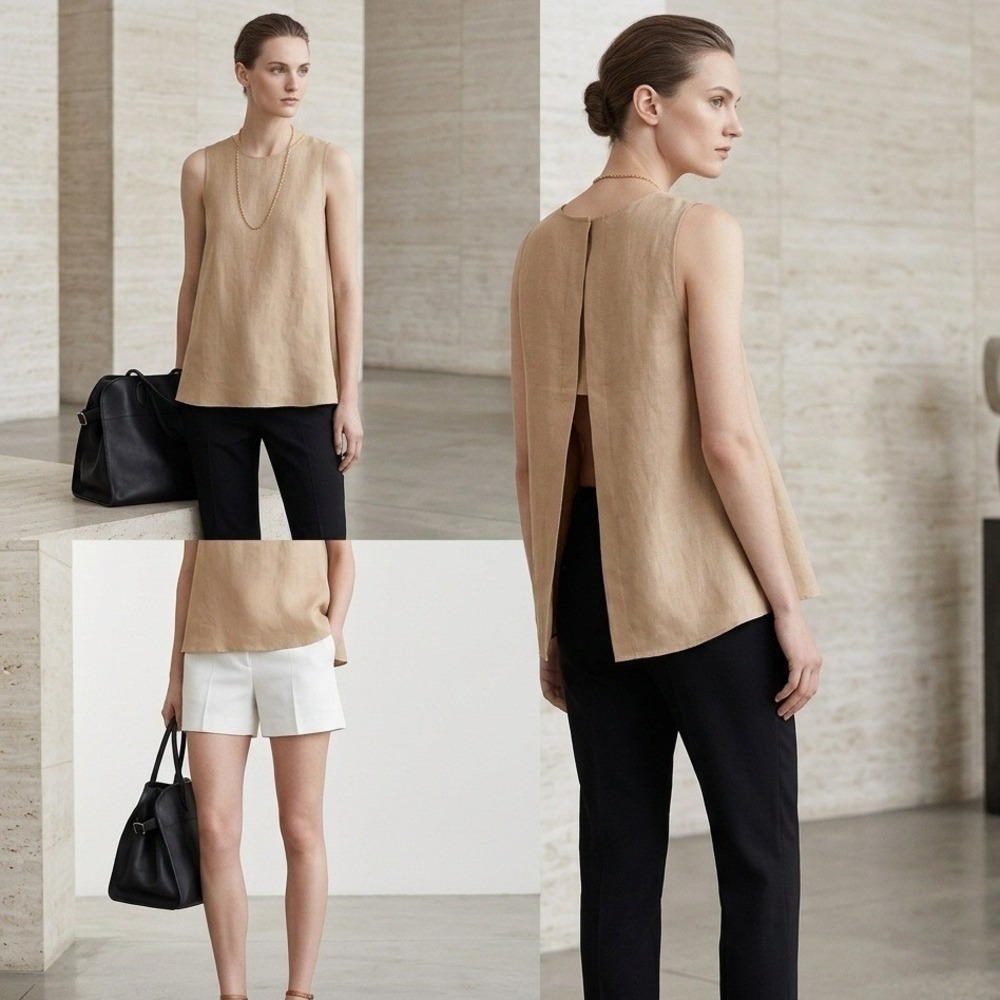 Club Monaco 100% Linen Maribella Split Back Top Minimalist Quiet Luxury M